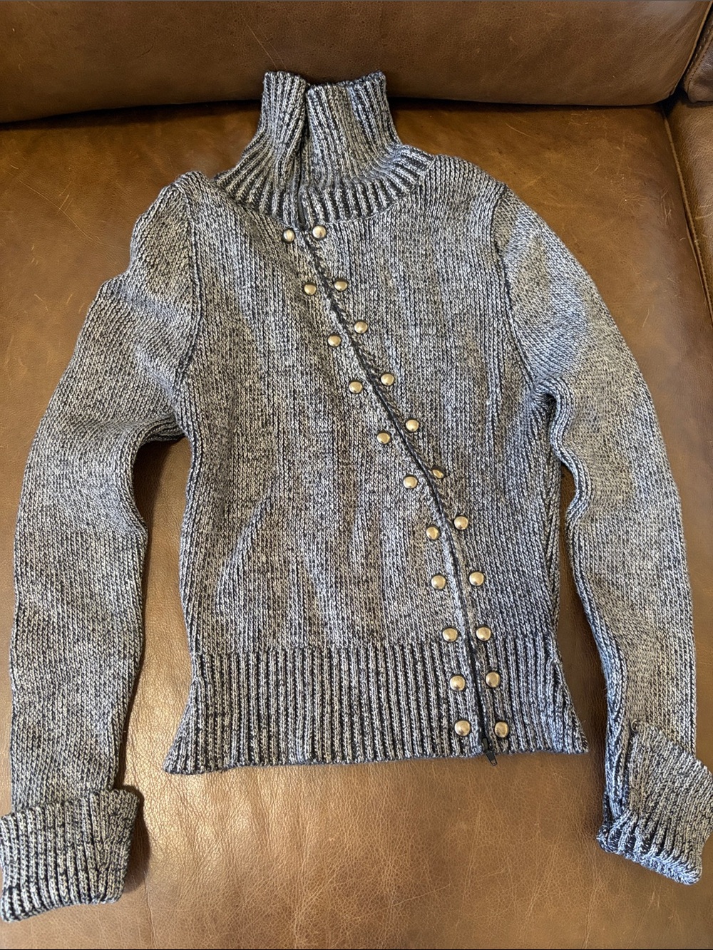 Cider Gray Ribbed Turtleneck Sweater with Diagonal Snap Detail